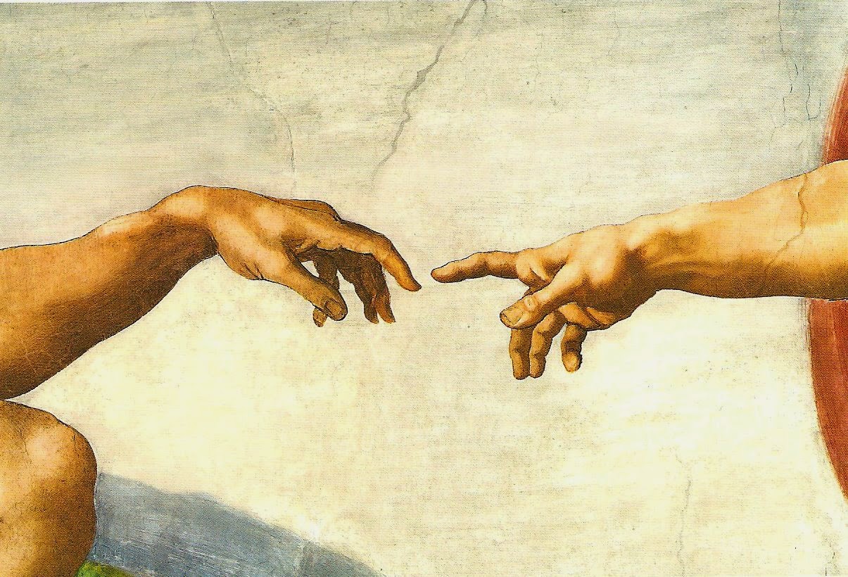a michelangelo painting showing hands reaching out